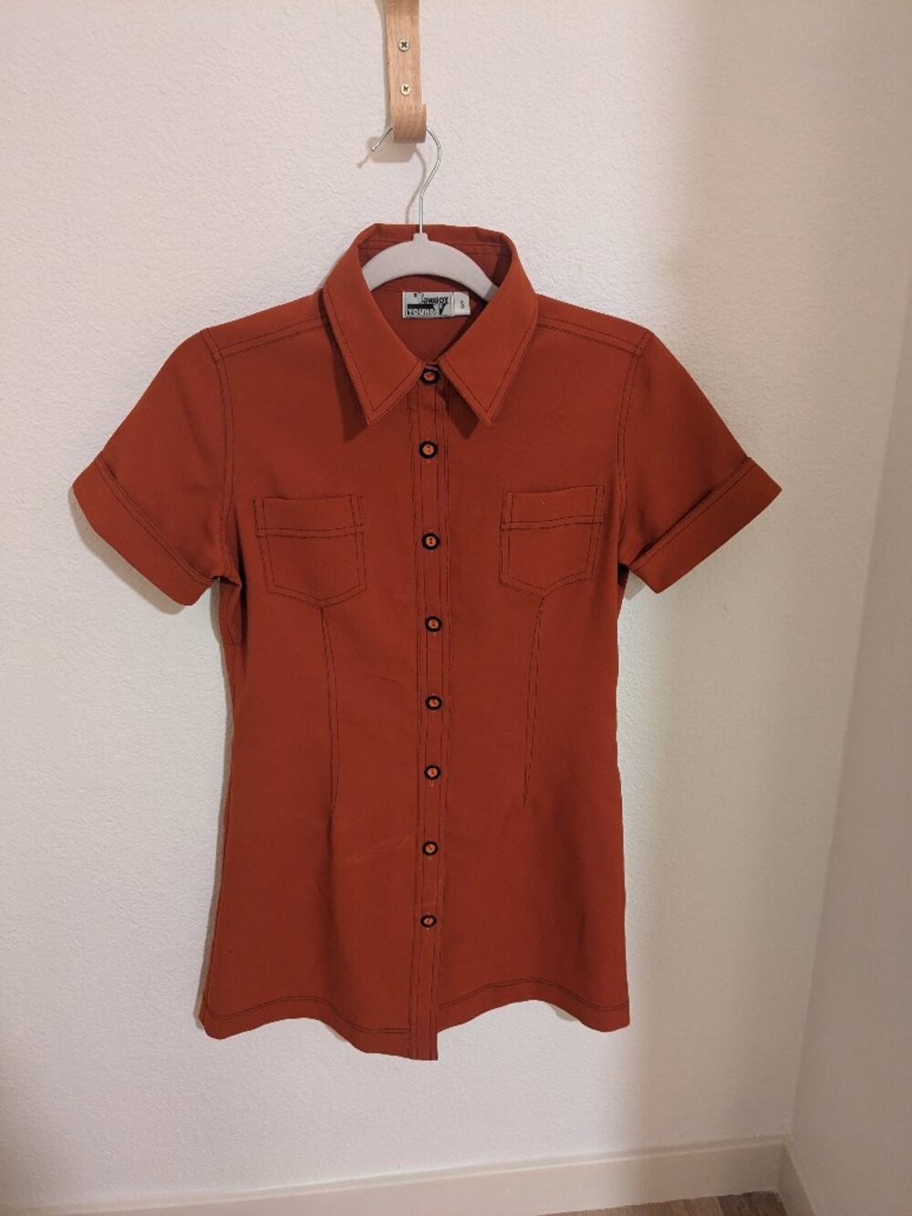 Terracotta Burnt Orange Vintage Mini Dress Button Up